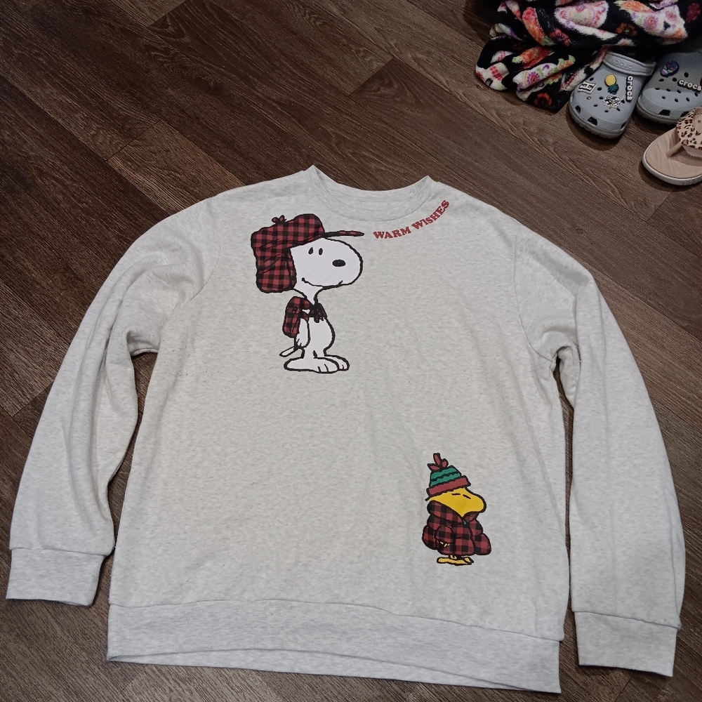Peanuts Light Gray Snoopy & Woodstock Crewneck Sweater